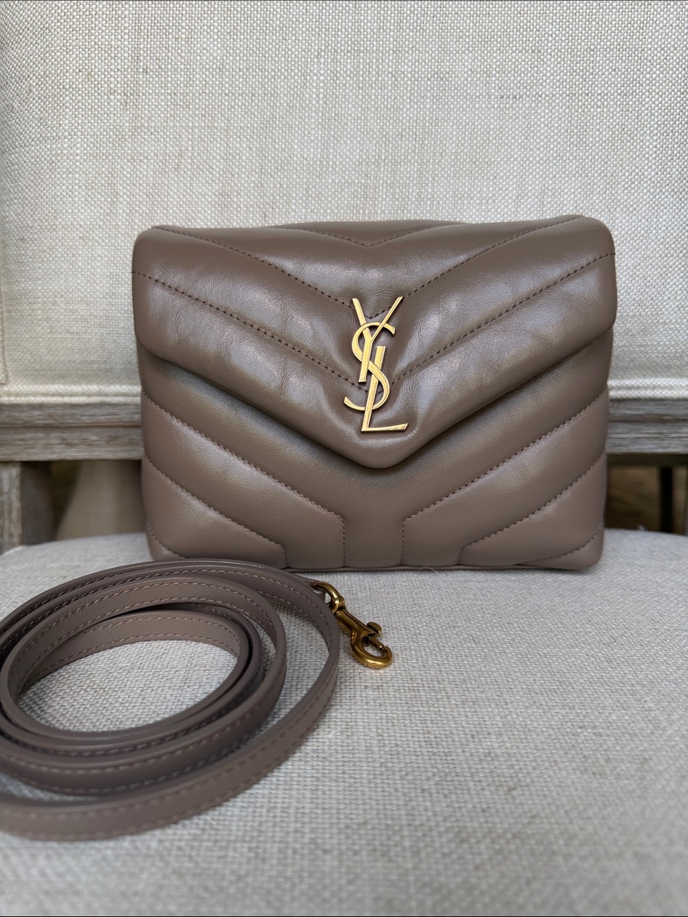 Saint Laurent Brown Quilted Leather Chevron Crossbody Bag with Gold YSL